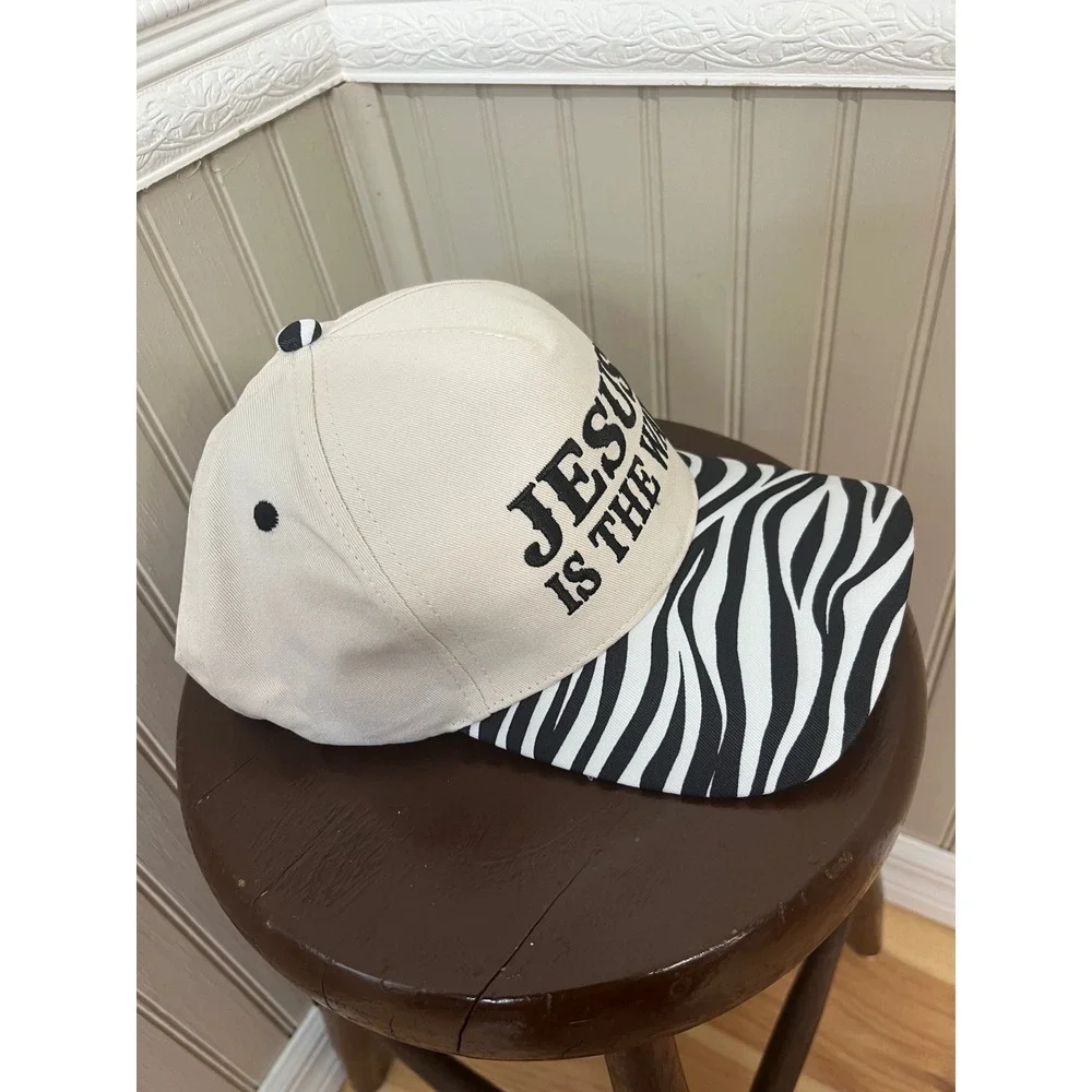 Jesus Is The Way Snapback Hat Zebra Print Brim Cream Christian Trucker Cap NEW